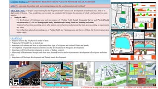 STUDIO WORK 4 : RIVERFRONT REJUVENATION PLAN OF PUSHKAR TALAB, VARANASI
AIM: “To rejuvenate the pushkar talab and creating religious site for social interaction and livelihood”
DESCRIPTION: To prepare a rejuvenation plan for the pushkar talab Varanasi and development of fatehmaan area , with an in-
depth study of the area. Thus, a eight days survey study was conducted for the same, the outcomes of which were based on two parts;
namely:-
 Study of AREA
For development of Fatehmaan area and rejuvenation of Pushkar Talab Social Economic Survey and Physical/Social
Infrastructure of Talab and Demographic study, Administrative setup, Land use, Housing and slums.
Analysis has been done according survey after analysis survey has done and proposal has been given according to requirements
and issues.
Survey has been adopted surrounding area of Pushkar Talab and Fatehmaan area and Survey of Ghats for the development area
within 8 days.
PHYSICAL MODEL OF VARANASI 3D VIEW OF PUSHKAR TALAB FATEHMAN MASQ AND SLUM PROPOSAL FATEHMAAN MASQ AREAPROPOSAL
LEARNINGS
• Analysis of area by 3D physical model of area.
• Proposal at 3D model like in sketch-up.
• Importance of culture and how to rejuvenate these type of religious and cultural Ghats and ponds.
• Development of underdeveloped economic area by development of Religious development.
• Importance of Riverfront development in terms of Indian context.
• After study of Fatehmaan Masque and slum area, learned how to deal with economic development of religious and slum
area.
• Importance of Heritage development and Nature based development.
 