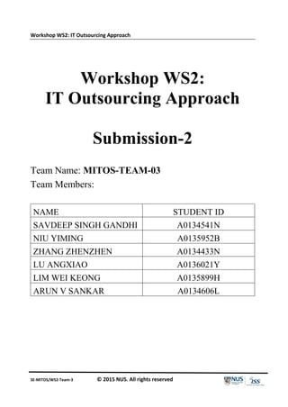 Workshop WS2: IT Outsourcing Approach
SE-MITOS/WS2-Team-3 © 2015 NUS. All rights reserved
Workshop WS2:
IT Outsourcing Approach
Submission-2
Team Name: MITOS-TEAM-03
Team Members:
NAME STUDENT ID
SAVDEEP SINGH GANDHI A0134541N
NIU YIMING A0135952B
ZHANG ZHENZHEN A0134433N
LU ANGXIAO A0136021Y
LIM WEI KEONG A0135899H
ARUN V SANKAR A0134606L
 