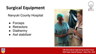 Surgical Equipment
Nanyuki County Hospital
● Forceps
● Retractors
● Diathermy
● Awl stabilizer
 