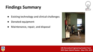 Findings Summary
● Existing technology and clinical challenges
● Donated equipment
● Maintenance, repair, and disposal
 