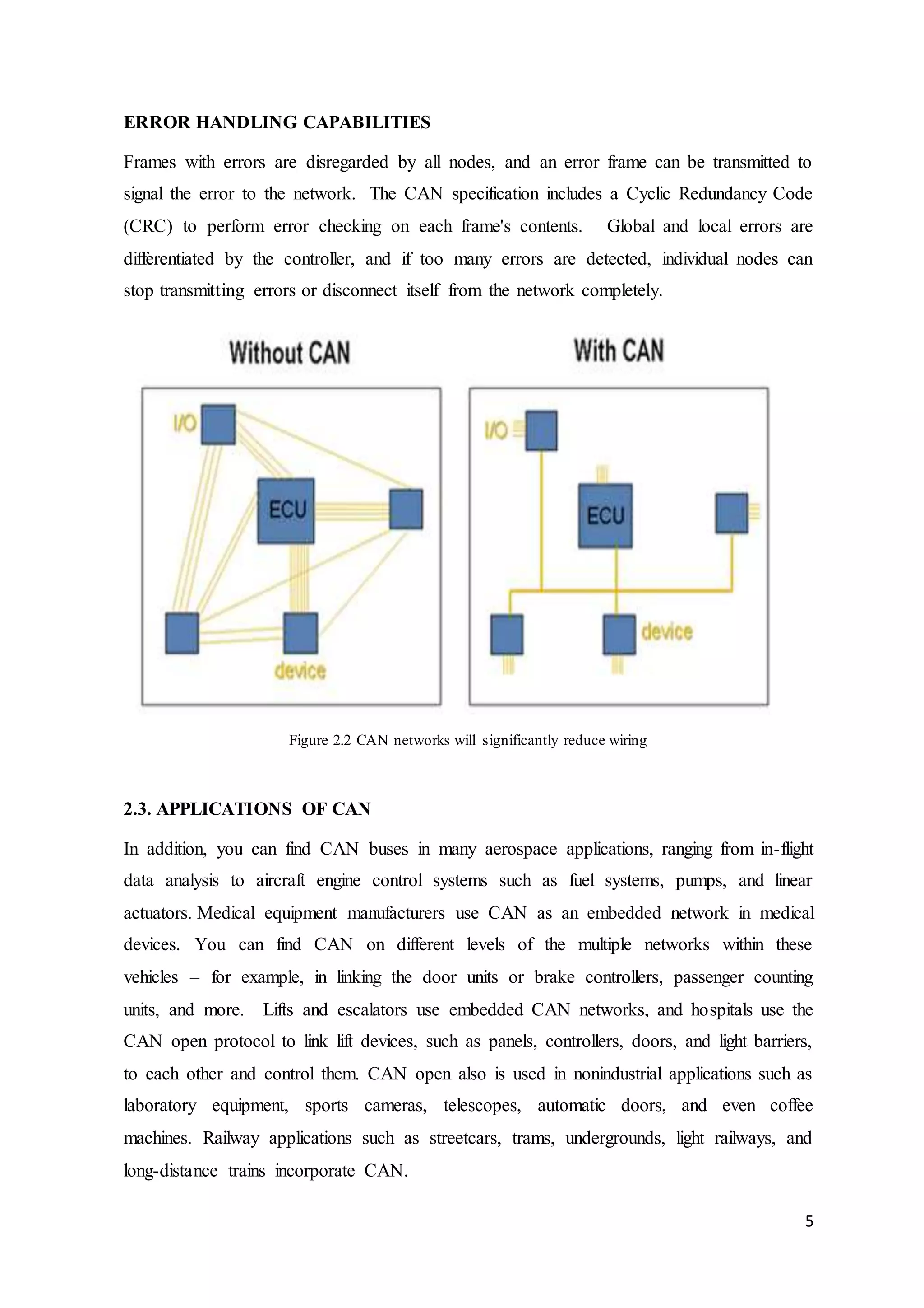 5
ERROR HANDLING CAPABILITIES
Frames with errors are disregarded by all nodes, and an error frame can be transmitted to
signal the error to the network. The CAN specification includes a Cyclic Redundancy Code
(CRC) to perform error checking on each frame's contents. Global and local errors are
differentiated by the controller, and if too many errors are detected, individual nodes can
stop transmitting errors or disconnect itself from the network completely.
Figure 2.2 CAN networks will significantly reduce wiring
2.3. APPLICATIONS OF CAN
In addition, you can find CAN buses in many aerospace applications, ranging from in-flight
data analysis to aircraft engine control systems such as fuel systems, pumps, and linear
actuators. Medical equipment manufacturers use CAN as an embedded network in medical
devices. You can find CAN on different levels of the multiple networks within these
vehicles – for example, in linking the door units or brake controllers, passenger counting
units, and more. Lifts and escalators use embedded CAN networks, and hospitals use the
CAN open protocol to link lift devices, such as panels, controllers, doors, and light barriers,
to each other and control them. CAN open also is used in nonindustrial applications such as
laboratory equipment, sports cameras, telescopes, automatic doors, and even coffee
machines. Railway applications such as streetcars, trams, undergrounds, light railways, and
long-distance trains incorporate CAN.
 