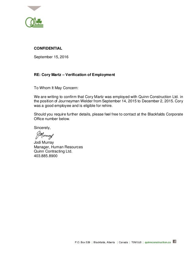 Quinn Construction Letter Of Recommendation