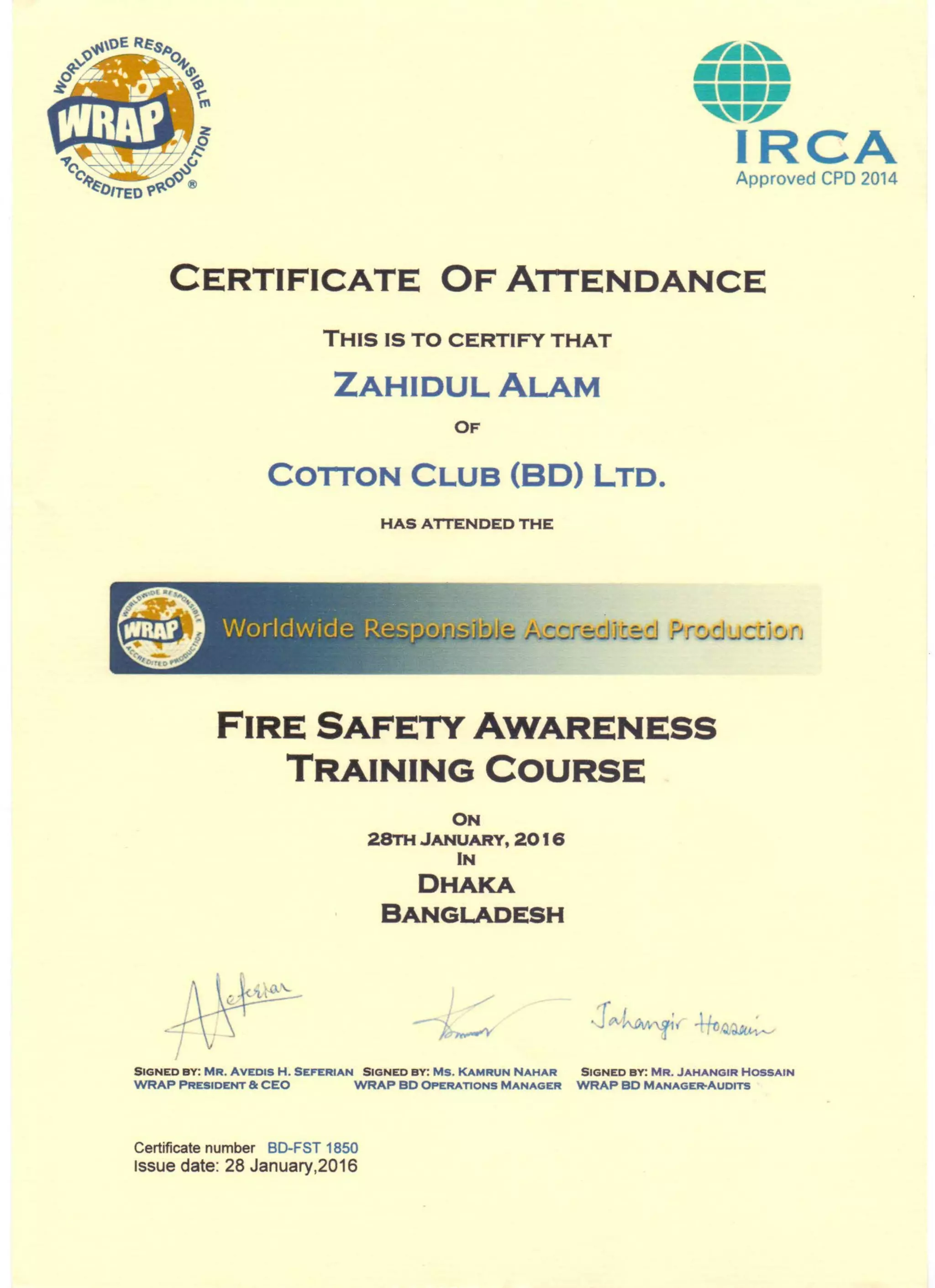 Fire Safety Awarness Training Certificate PDF