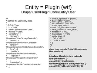Entity = Plugin (wtf)
DrupaluserPluginCoreEntityUser
/**
* Defines the user entity class.
*
* @EntityType(
* id = "user",
* label = @Translation("User"),
* module = "user",
* controllers = {
* "storage" =
"DrupaluserUserStorageController",
* "access" =
"DrupaluserUserAccessController",
* "render" =
"DrupalCoreEntityEntityRenderController",
* "form" = {
* "profile" =
"DrupaluserProfileFormController",
* "register" =
"DrupaluserRegisterFormController"
* },
* "translation" =
"DrupaluserProfileTranslationController"
* },
* default_operation = "profile",
* base_table = "users",
* uri_callback = "user_uri",
* route_base_path =
"admin/config/people/accounts",
* label_callback = "user_label",
* fieldable = TRUE,
* translatable = TRUE,
* entity_keys = {
* "id" = "uid",
* "uuid" = "uuid"
* }
* )
*/
class User extends EntityNG implements
UserInterface {
…
interface UserInterface extends
EntityInterface {}
class Entity implements
IteratorAggregate, EntityInterface {}
class EntityNG extends Entity {}
 