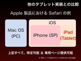 他のタブレット実装との比較
Apple 製品における Safari の例
Mac OS 
(PC)
iOS
iPhone (SP)
iPad 
(Tablet)
上記すべて、特定可能 ＆ 専用ページ提供可能
※ 専用ページを提供することの是非はまた別の議論
 