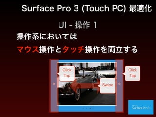 UI - サイズ
Surface Pro 3 (Touch PC) 最適化
リンクサイズ（タップエリア）は
なるべく大きく、 
理想は44px角(※)以上
※ 押し間違いが1%未満になるサイズ ＝ 44px以上
⃝ better
 