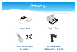 Giveaways
Power Bank
Multi Smartphone
Connector
Basic IT Set
Multi Function
Rotational Car Charger
 