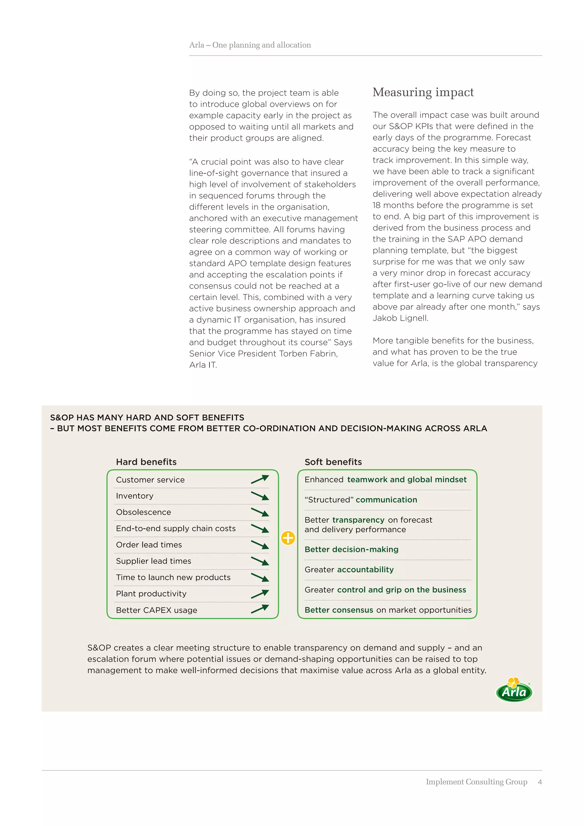 4Implement Consulting Group
Arla – One planning and allocation
By doing so, the project team is able
to introduce global overviews on for
example capacity early in the project as
opposed to waiting until all markets and
their product groups are aligned.
“A crucial point was also to have clear
line-of-sight governance that insured a
high level of involvement of ­stakeholders
in sequenced forums through the
­different levels in the organisation,
anchored with an executive management
steering committee. All forums having
clear role descriptions and mandates to
agree on a common way of working or
standard APO template design features
and accepting the escalation points if
consensus could not be reached at a
certain level. This, combined with a very
active business ownership approach and
a dynamic IT organisation, has insured
that the programme has stayed on time
and budget throughout its course” Says
Senior Vice President Torben Fabrin,
Arla IT.
Measuring impact
The overall impact case was built around
our S&OP KPIs that were defined in the
early days of the programme. Forecast
accuracy being the key measure to
track improvement. In this simple way,
we have been able to track a significant
improvement of the overall performance,
delivering well above expectation already
18 months before the programme is set
to end. A big part of this improvement is
derived from the business process and
the training in the SAP APO demand
planning template, but “the biggest
­surprise for me was that we only saw
a very minor drop in forecast ­accuracy
after first-user go-live of our new demand
template and a learning curve taking us
above par already after one month,” says
Jakob Lignell.
More tangible benefits for the business,
and what has proven to be the true
value for Arla, is the global transparency
S&OP HAS MANY HARD AND SOFT BENEFITS
– BUT MOST BENEFITS COME FROM BETTER CO-ORDINATION AND DECISION-MAKING ACROSS ARLA
SHard beneﬁts
Customer service
Inventory
Obsolescence
End-to-end supply chain costs
Order lead times
Supplier lead times
Time to launch new products
Plant productivity
Better CAPEX usage
oft beneﬁts
Greater control and grip on the business
Greater accountability
Better decision-making
“Structured” communication
Enhanced teamwork and global mindset
Better transparency on forecast
and delivery performance
Better consensus on market opportunities
S&OP creates a clear meeting structure to enable transparency on demand and supply – and an
escalation forum where potential issues or demand-shaping opportunities can be raised to top
management to make well-informed decisions that maximise value across Arla as a global entity.
 