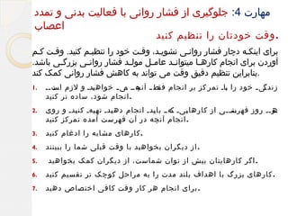 ‫مهارت 4: جلوگیری از فشار روانی با فعالیت بدنی و تمدد‬
‫اعصاب‬

‫. وقت خودتان را تنظیم کنید‬

‫برای اینکله دچار فشار روانلی نشویلد، وقلت خود را تنظیلم کنید. وقلت کلم‬
‫آوردن برای انجام کاره لا میتوان لد عام لل مول لد فشار روان لی بزرگ لی باشد.‬
‫ل‬
‫ل‬
‫ل‬
‫ل‬
‫ل‬
‫ل‬
‫.بنابراین تنظیم دقیق وقت می تواند به کاهش فشار روانی کمک کند‬
‫لی ل خود را لال تمر کز بر انجام لط ل لهلل لی ل خواه لدل و لزم لتلل‬
‫اس‬
‫ی‬
‫فق آنچ م‬
‫ب‬
‫زندگ‬
‫.انجام شود، ساده تر کنید‬

‫.1‬

‫لرلل روز فهرسللی از کارها لیل لهلل با لدل انجام ده لدل ته لهل کن لدل و روی‬
‫ی‬
‫ی‬
‫ی‬
‫ی‬
‫ک‬
‫ی‬
‫لت ل‬
‫ه‬
‫. انجام آنچه در آن فهرست آمده تمرکز کنید‬

‫.2‬

‫.کارهای مشابه را ادغام کنید‬

‫.3‬

‫. از دیگران بخواهید با وقت قبلی شما را ببینند‬

‫.4‬

‫. اگر کارهایتان بیش از توان شماست، از دیگران کمک بخواهید‬

‫.5‬

‫. کارهای بزرگ با اهداف بلند مدت را به مراحل کوچک تر تقسیم کنید‬

‫.6‬

‫. برای انجام هر کار وقت کافی اختصاص دهید‬

‫.7‬

 