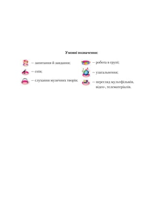 Умовні позначення:
— запитання й завдання;
— спів;
— слухання музичних творів;
— робота в групі;
— узагальнення;
— перегляд мультфільмів,
відео-, телематеріалів.
 