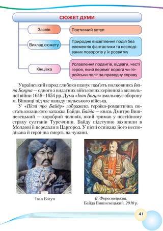 41
Український народ глибоко шанує пам’ять полковника Іва-
на Богуна — одного з видатних військових керівників визволь-
ної війни 1648–1654 рр. Дума «Іван Богун» змальовує оборону
м. Вінниці під час нападу польського війська.
У «Пісні про Байду» зображена героїко-романтична по-
стать козацького ватажка Байди. Байда — князь Дмитро Виш-
невецький — хоробрий чоловік, який тримав у постійному
страху султанів Туреччини. Байду підступно захопили в
Молдові й передали в Царгород. У пісні оспівана його неспо-
дівана й героїчна смерть на чужині.
СЮЖЕТ ДУМИ
Виклад сюжету
Кінцівка
Уславлення подвигів, відваги, честі
героя, який переміг ворога чи ге-
ройськи поліг за праведну справу
Поетичний вступ
Природне висвітлення подій без
елементів фантастики та несподі-
ваних поворотів у їх розвитку
Заспів
В. Форостецький.
Байда Вишневецький. 2010 р.
Іван Богун
 