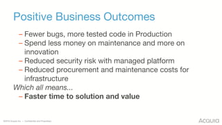 ©2016 Acquia Inc. — Confidential and Proprietary
Positive Business Outcomes
– Fewer bugs, more tested code in Production
– Spend less money on maintenance and more on
innovation
– Reduced security risk with managed platform
– Reduced procurement and maintenance costs for
infrastructure
Which all means...
– Faster time to solution and value
 