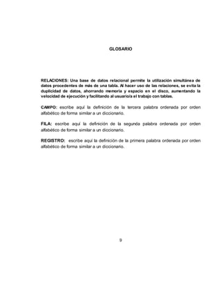9
RESUMEN
Acá se debe poner un resumen de trabajo que no exceda las 250 palabras. Si es
un trabajo de grado este resumen puede contar hasta con 500 palabras.
PALABRAS CLAVE: En este espacio se debe poner las palabras claves
relacionadas con el trabajo, mínimo 3 y separadas por “,”. Ejemplo: Presentación
de trabajos, normas Icontec, otra palabra clave.
 