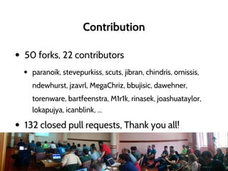 Contribution
• 50 forks, 22 contributors
• paranoik, stevepurkiss, scuts, jibran, chindris, omissis,
ndewhurst, jzavrl, MegaChriz, bbujisic, dawehner,
torenware, bartfeenstra, M1r1k, rinasek, joashuataylor,
lokapujya, icanblink, ...
• 132 closed pull requests, Thank you all!
 