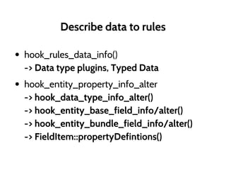 Describe data to rules
• hook_rules_data_info()
-> Data type plugins, Typed Data
• hook_entity_property_info_alter
-> hook_data_type_info_alter()
-> hook_entity_base_field_info/alter()
-> hook_entity_bundle_field_info/alter()
-> FieldItem::propertyDefintions()
 