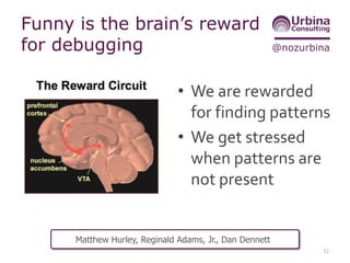 @nozurbina
Funny is the brain’s reward
for debugging
• We are rewarded
for finding patterns
• We get stressed
when patterns are
not present
32
Matthew Hurley, Reginald Adams, Jr., Dan Dennett
 