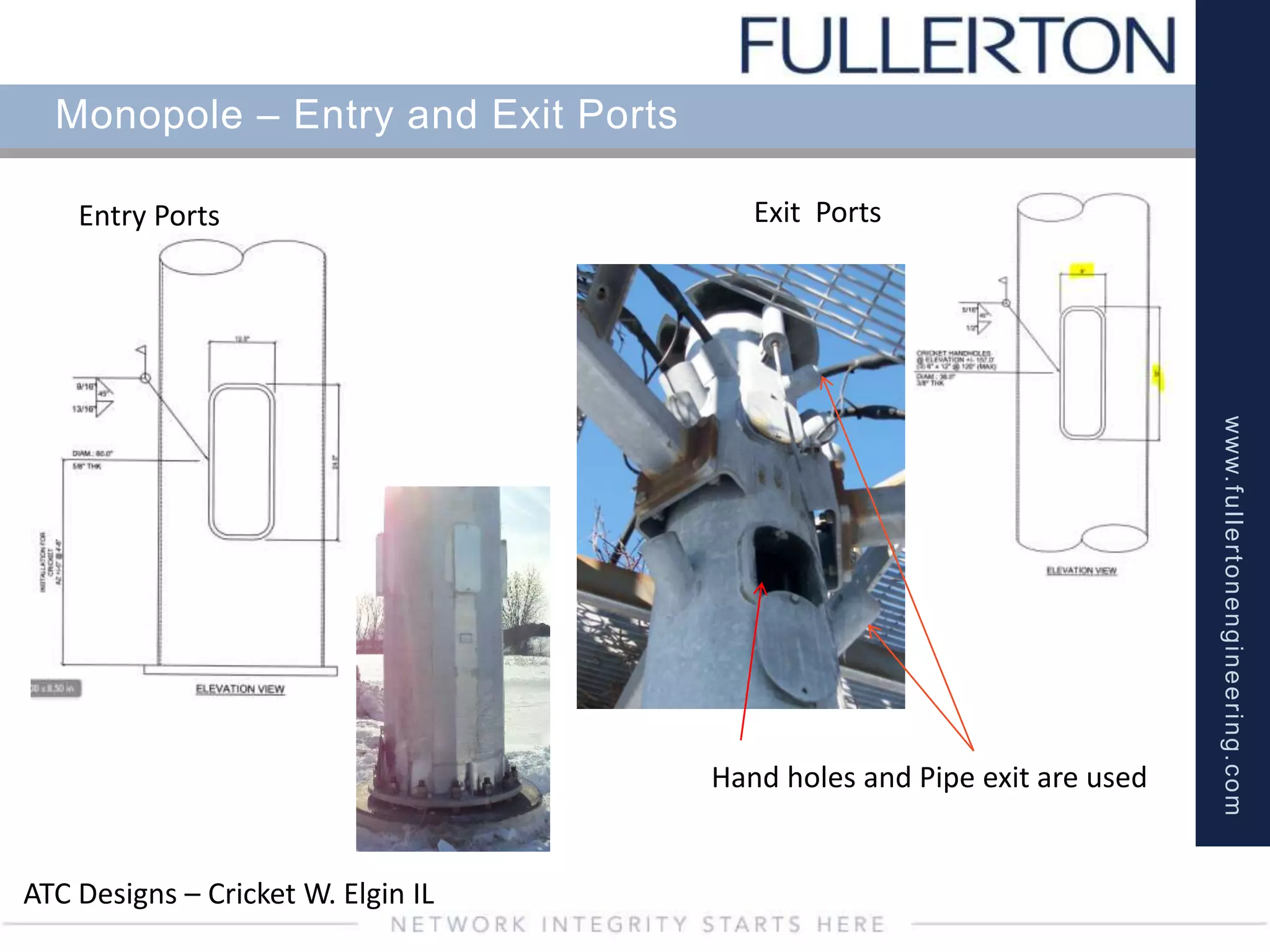 www.fullertonengineering.com
Monopole – Entry and Exit Ports
ATC Designs – Cricket W. Elgin IL
Entry Ports Exit Ports
Hand holes and Pipe exit are used
 