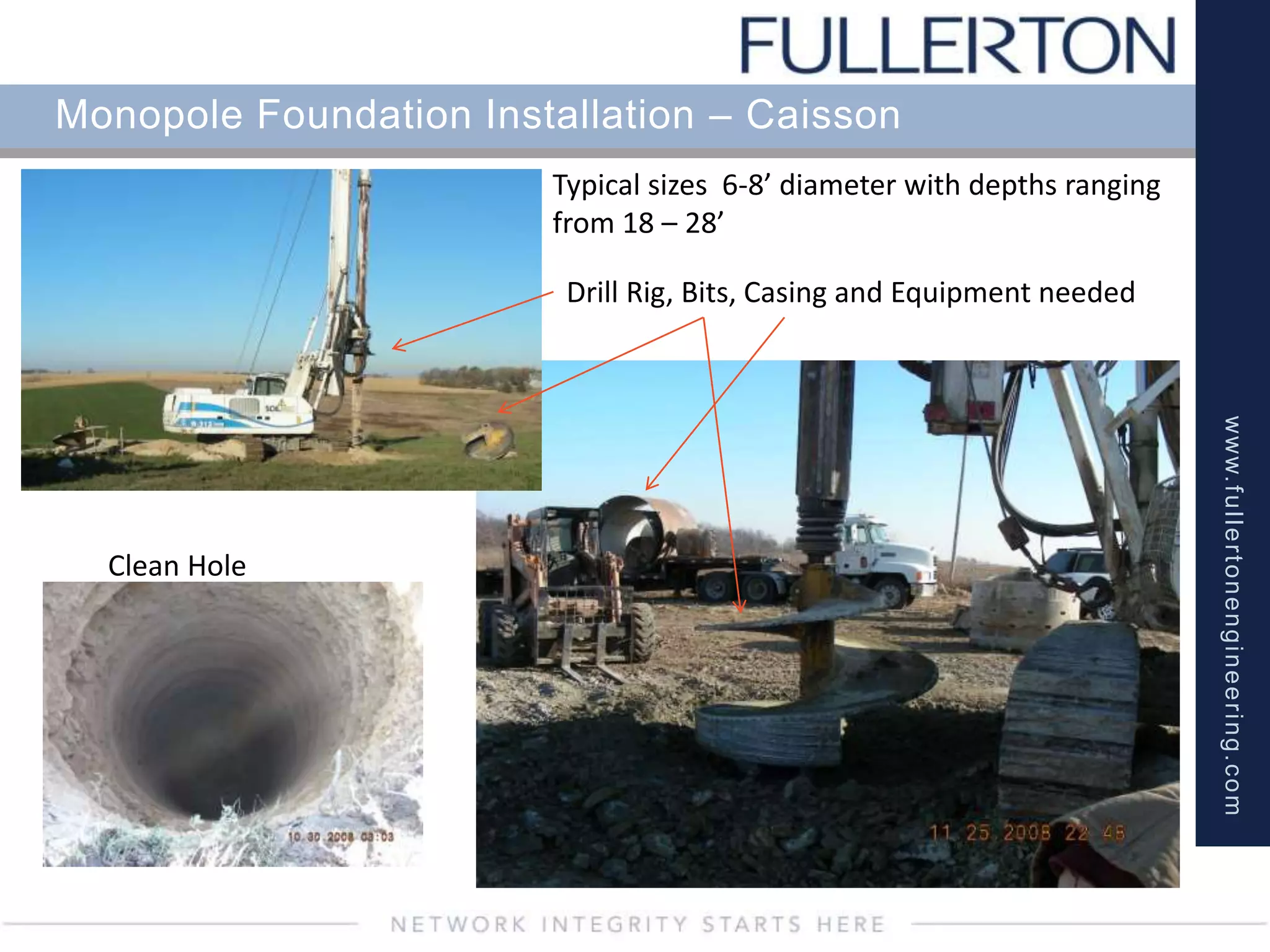 www.fullertonengineering.com
Monopole Foundation Installation – Caisson
Drill Rig, Bits, Casing and Equipment needed
Clean Hole
Typical sizes 6-8’ diameter with depths ranging
from 18 – 28’
 