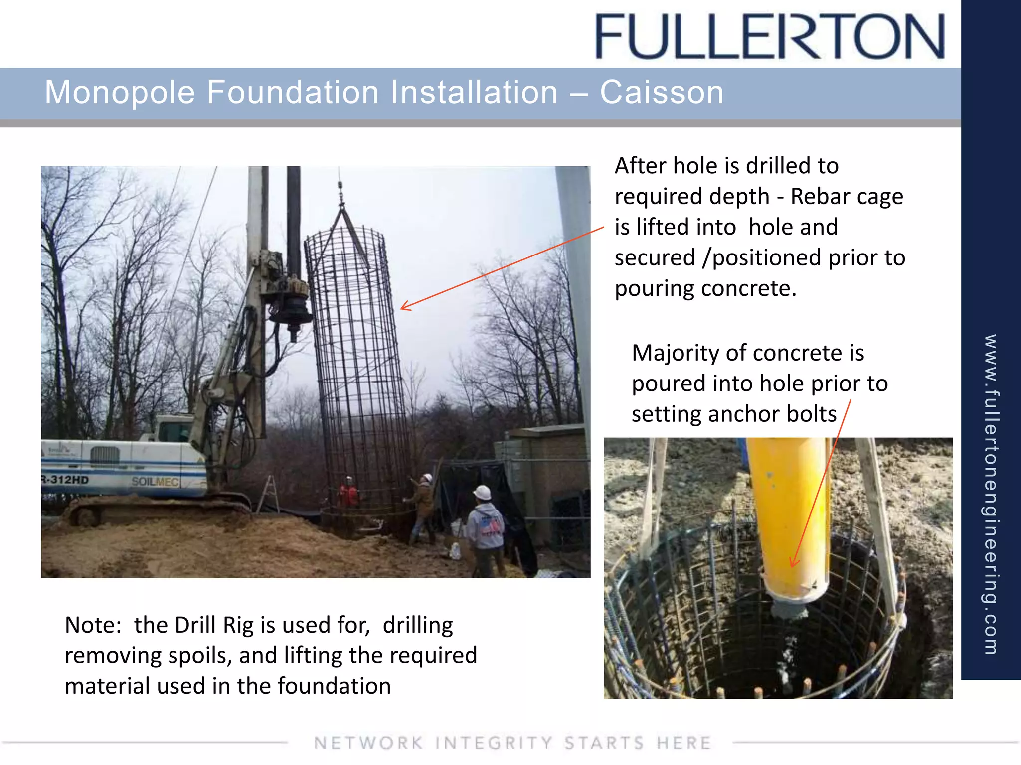 www.fullertonengineering.com
Monopole Foundation Installation – Caisson
After hole is drilled to
required depth - Rebar cage
is lifted into hole and
secured /positioned prior to
pouring concrete.
Note: the Drill Rig is used for, drilling
removing spoils, and lifting the required
material used in the foundation
Majority of concrete is
poured into hole prior to
setting anchor bolts
 