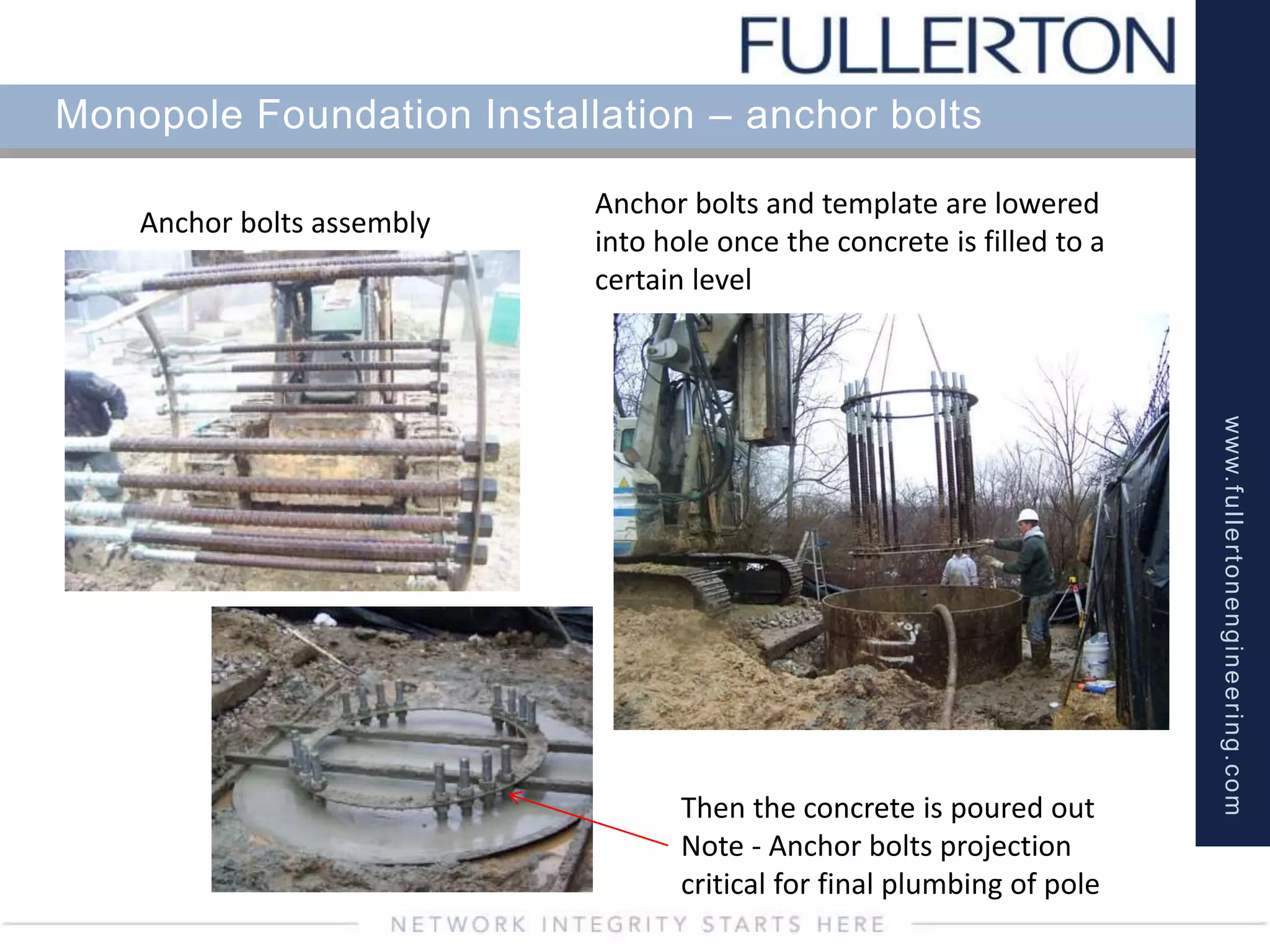 www.fullertonengineering.com
Monopole Foundation Installation – anchor bolts
Anchor bolts and template are lowered
into hole once the concrete is filled to a
certain level
Anchor bolts assembly
Then the concrete is poured out
Note - Anchor bolts projection
critical for final plumbing of pole
 