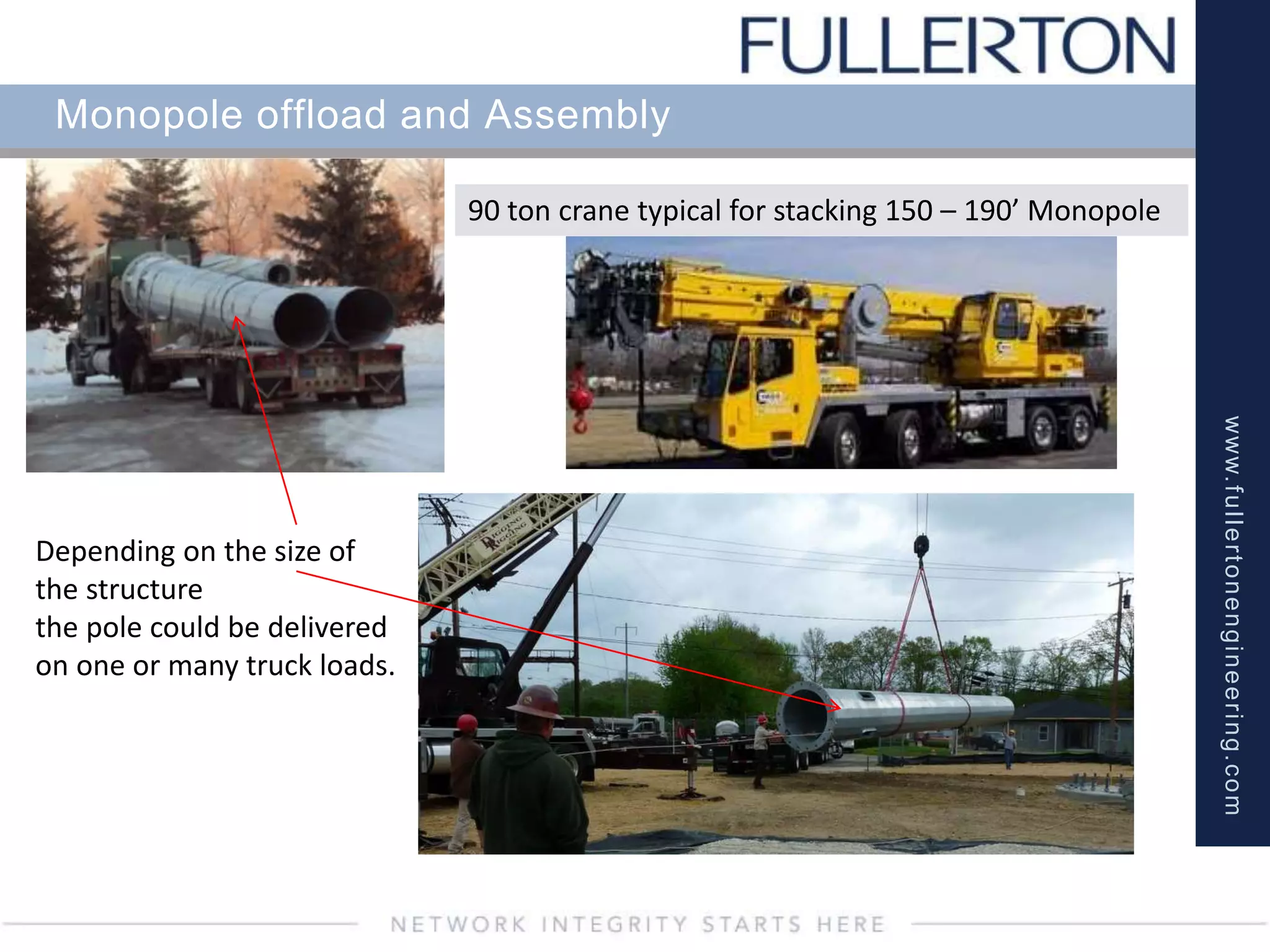www.fullertonengineering.com
Monopole offload and Assembly
Depending on the size of
the structure
the pole could be delivered
on one or many truck loads.
90 ton crane typical for stacking 150 – 190’ Monopole
 