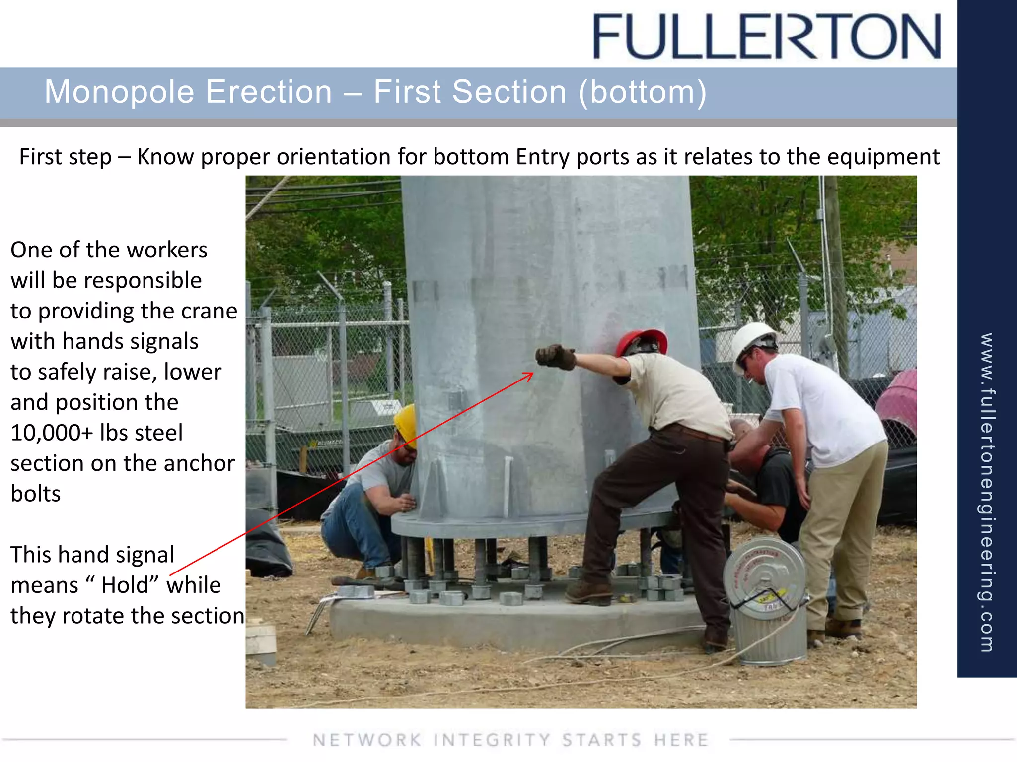 www.fullertonengineering.com
Monopole Erection – First Section (bottom)
First step – Know proper orientation for bottom Entry ports as it relates to the equipment
One of the workers
will be responsible
to providing the crane
with hands signals
to safely raise, lower
and position the
10,000+ lbs steel
section on the anchor
bolts
This hand signal
means “ Hold” while
they rotate the section
 
