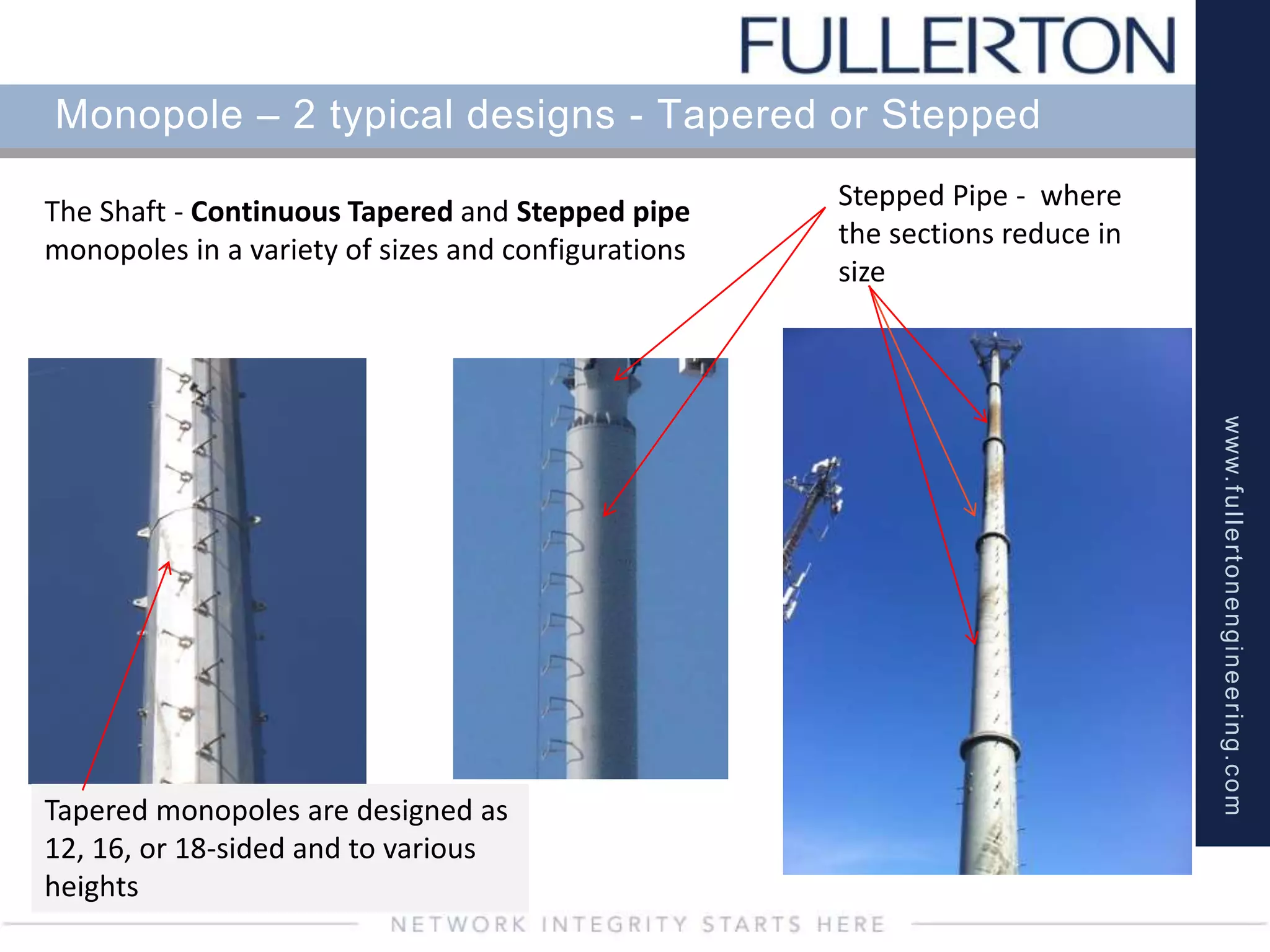 www.fullertonengineering.com
Monopole – 2 typical designs - Tapered or Stepped
The Shaft - Continuous Tapered and Stepped pipe
monopoles in a variety of sizes and configurations
Stepped Pipe - where
the sections reduce in
size
Tapered monopoles are designed as
12, 16, or 18-sided and to various
heights
 