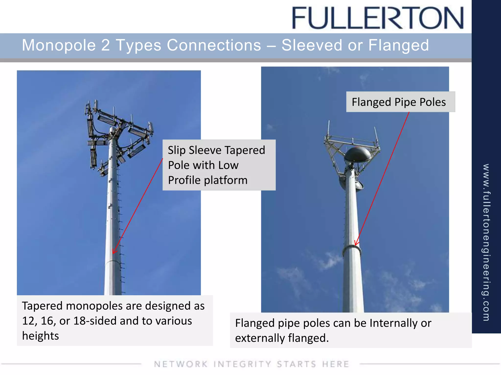 www.fullertonengineering.com
Monopole 2 Types Connections – Sleeved or Flanged
Slip Sleeve Tapered
Pole with Low
Profile platform
Flanged Pipe Poles
Flanged pipe poles can be Internally or
externally flanged.
Tapered monopoles are designed as
12, 16, or 18-sided and to various
heights
 