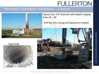 www.fullertonengineering.com
Monopole Foundation Installation – Caisson
Drill Rig, Bits, Casing and Equipment needed
Clean Hole
Typical sizes 6-8’ diameter with depths ranging
from 18 – 28’
 