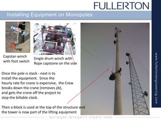 www.fullertonengineering.com
Installing Equipment on Monopoles
Once the pole is stack - next is to
Install the equipment. Since the
hourly rate for crane is expensive, the Crew
breaks down the crane (removes jib),
and gets the crane off the project to
stop the billable clock.
Then a block is used at the top of the structure and
the tower is now part of the lifting equipment
Capstan winch
with foot switch
Single drum winch with
Rope capstone on the side
 