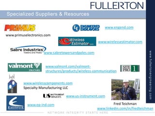 www.fullertonengineering.com
Specialized Suppliers & Resources
www.sabretowersandpoles.com
www.valmont.com/valmont-
structures/products/wireless-communication
www.wirelesscomponents.com
Specialty Manufacturing LLC
www.ep-ind.com Fred Teichman
www.linkedin.com/in/fredteichman
www.engend.com
www.primuselectronics.com
www.us-instrument.com
www.wirelessestimator.com
 