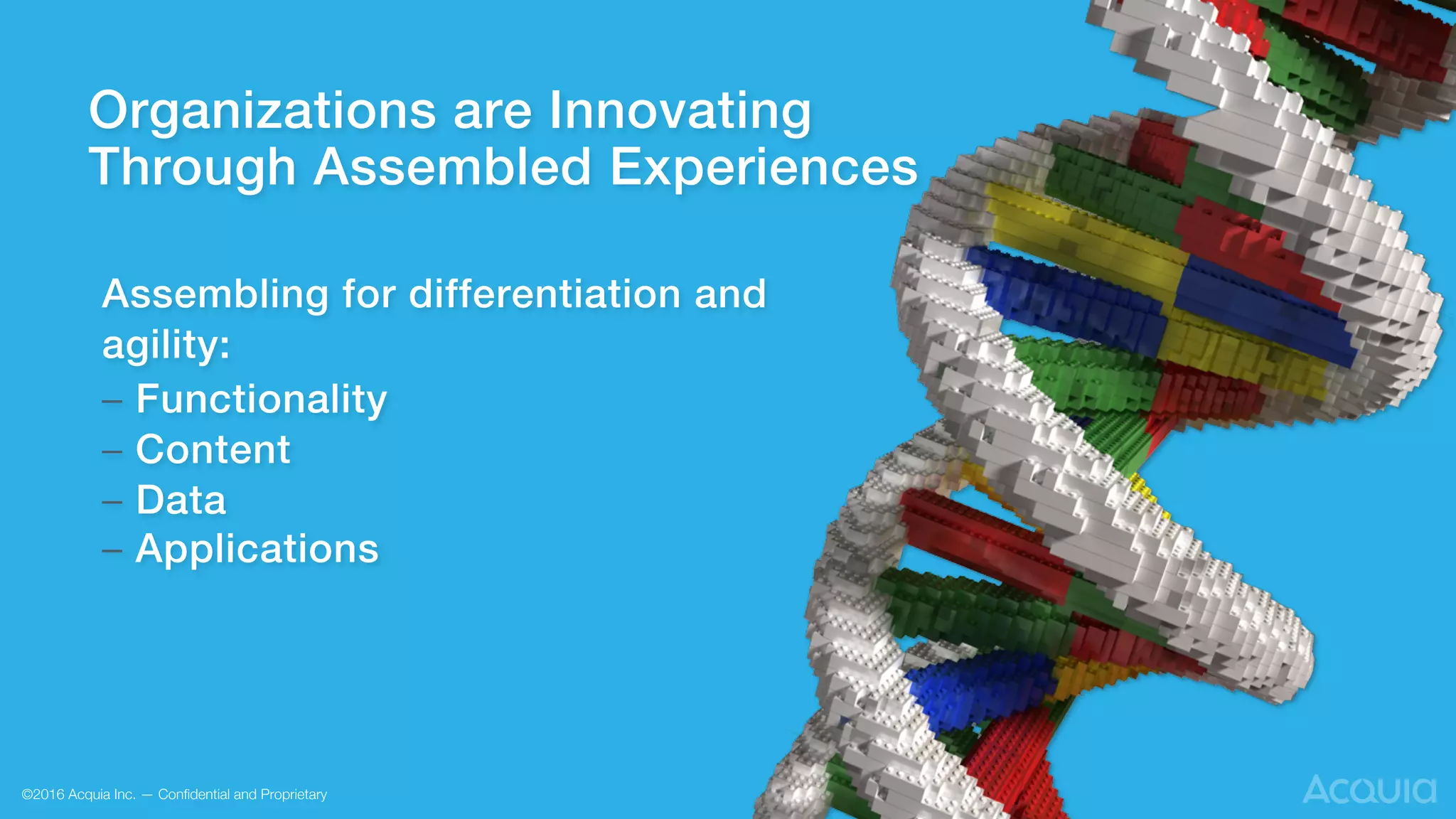 Organizations are Innovating !
Through Assembled Experiences!
Assembling for differentiation and
agility:!
– Functionality!
– Content!
– Data!
– Applications!
©2016 Acquia Inc. — Conﬁdential and Proprietary
 