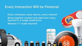 – Every individual, every device, every channel!
– Bring together content and data from many !
sources in a single experience!
– Massive 1:1 scale required!
Every Interaction Will be Personal!
 