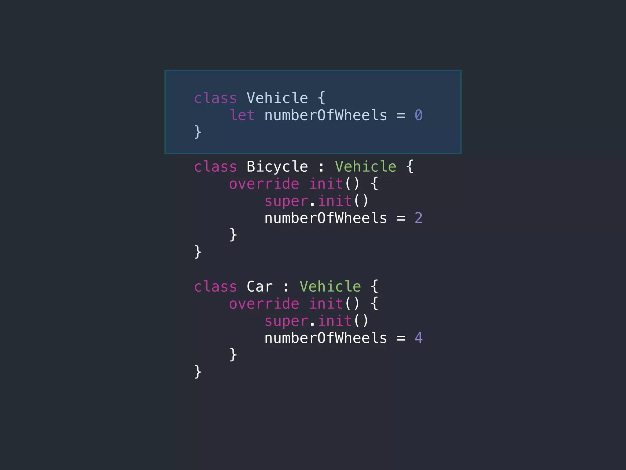 class Vehicle {
let numberOfWheels = 0
}
class Bicycle : Vehicle {
override init() {
super.init()
numberOfWheels = 2
}
}
class Car : Vehicle {
override init() {
super.init()
numberOfWheels = 4
}
}
 