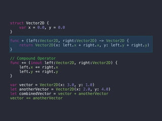 struct Vector2D {
var x = 0.0, y = 0.0
}
func + (left:Vector2D, right:Vector2D) -> Vector2D {
return Vector2D(x: left.x + right.x, y: left.y + right.y)
}
// Compound Operator
func += (inout left:Vector2D, right:Vector2D) {
left.x += right.x
left.y += right.y
}
var vector = Vector2D(x: 3.0, y: 1.0)
let anotherVector = Vector2D(x: 2.0, y: 4.0)
let combinedVector = vector + anotherVector
vector += anotherVector
 