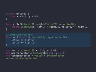 struct Vector2D {
var x = 0.0, y = 0.0
}
func + (left:Vector2D, right:Vector2D) -> Vector2D {
return Vector2D(x: left.x + right.x, y: left.y + right.y)
}
// Compound Operator
func += (inout left:Vector2D, right:Vector2D) {
left.x += right.x
left.y += right.y
}
var vector = Vector2D(x: 3.0, y: 1.0)
let anotherVector = Vector2D(x: 2.0, y: 4.0)
let combinedVector = vector + anotherVector
vector += anotherVector
 