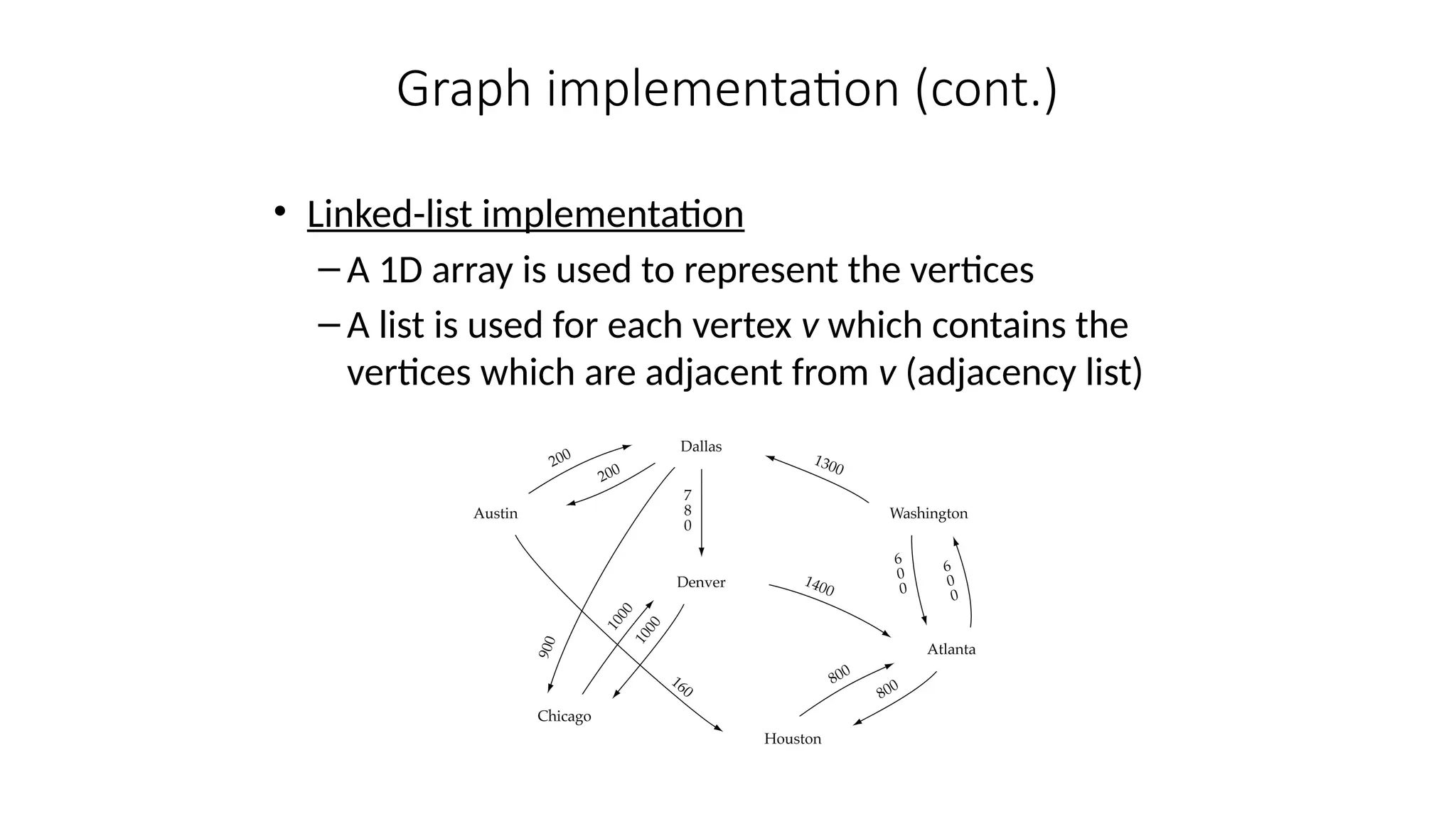 Graph implementation (cont.)
• Linked-list implementation
– A 1D array is used to represent the vertices
– A list is used for each vertex v which contains the
vertices which are adjacent from v (adjacency list)
 