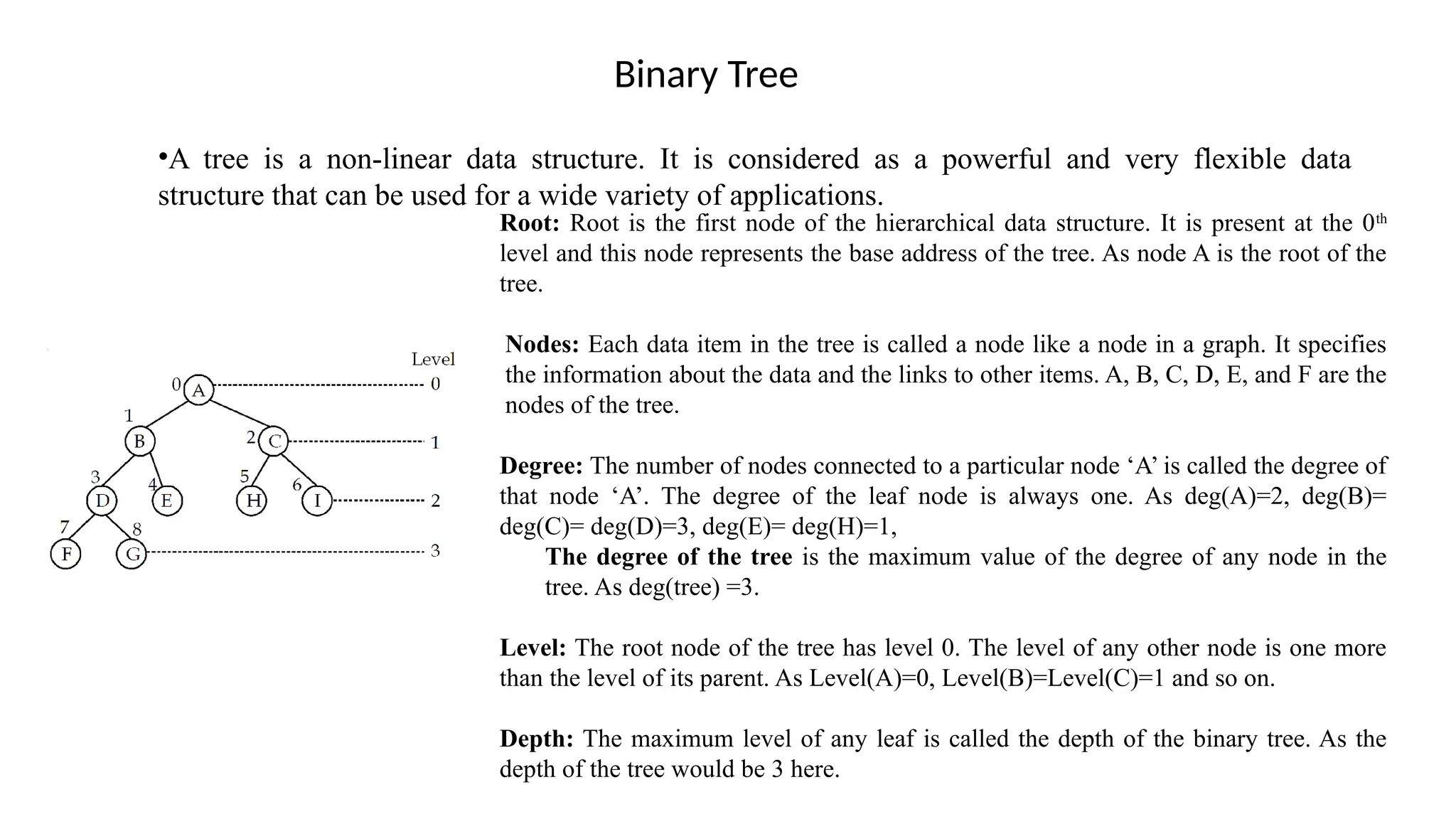 Binary Tree
•A tree is a non-linear data structure. It is considered as a powerful and very flexible data
structure that can be used for a wide variety of applications.
Root: Root is the first node of the hierarchical data structure. It is present at the 0th
level and this node represents the base address of the tree. As node A is the root of the
tree.
Nodes: Each data item in the tree is called a node like a node in a graph. It specifies
the information about the data and the links to other items. A, B, C, D, E, and F are the
nodes of the tree.
Degree: The number of nodes connected to a particular node ‘A’ is called the degree of
that node ‘A’. The degree of the leaf node is always one. As deg(A)=2, deg(B)=
deg(C)= deg(D)=3, deg(E)= deg(H)=1,
The degree of the tree is the maximum value of the degree of any node in the
tree. As deg(tree) =3.
Level: The root node of the tree has level 0. The level of any other node is one more
than the level of its parent. As Level(A)=0, Level(B)=Level(C)=1 and so on.
Depth: The maximum level of any leaf is called the depth of the binary tree. As the
depth of the tree would be 3 here.
 