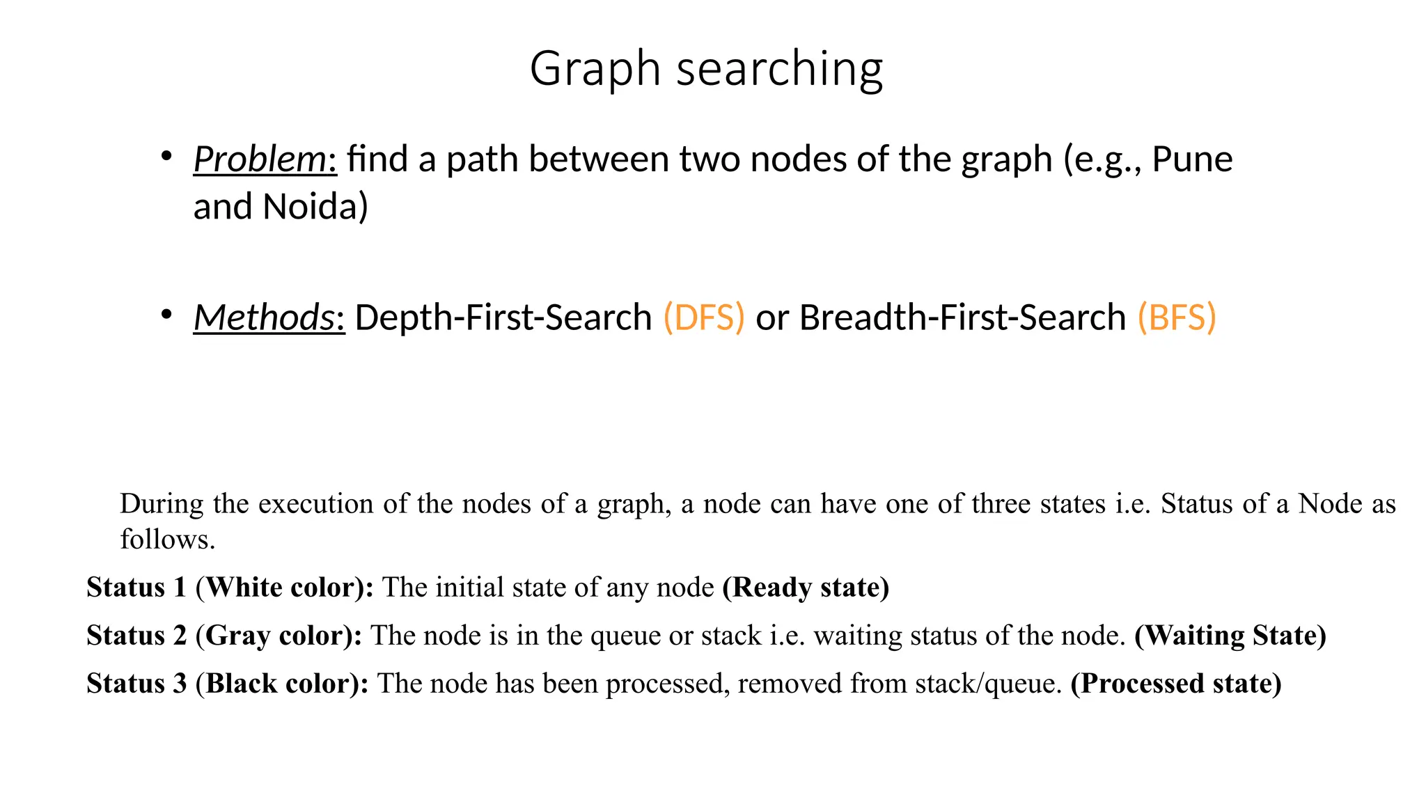 Graph searching
• Problem: find a path between two nodes of the graph (e.g., Pune
and Noida)
• Methods: Depth-First-Search (DFS) or Breadth-First-Search (BFS)
During the execution of the nodes of a graph, a node can have one of three states i.e. Status of a Node as
follows.
Status 1 (White color): The initial state of any node (Ready state)
Status 2 (Gray color): The node is in the queue or stack i.e. waiting status of the node. (Waiting State)
Status 3 (Black color): The node has been processed, removed from stack/queue. (Processed state)
 