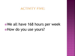 We all have 168 hours per week
How do you use yours?
 