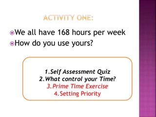 We all have 168 hours per week
How do you use yours?
1.Self Assessment Quiz
2.What control your Time?
3.Prime Time Exercise
4.Setting Priority
 