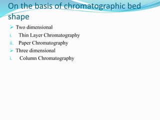 On the basis of chromatographic bed
shape
 Two dimensional
i. Thin Layer Chromatography
ii. Paper Chromatography
 Three dimensional
i. Column Chromatography
 