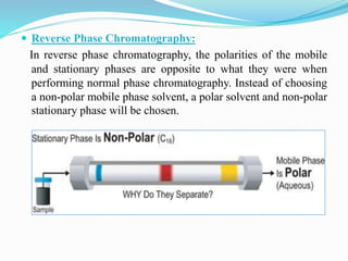  Reverse Phase Chromatography:
In reverse phase chromatography, the polarities of the mobile
and stationary phases are opposite to what they were when
performing normal phase chromatography. Instead of choosing
a non-polar mobile phase solvent, a polar solvent and non-polar
stationary phase will be chosen.
 