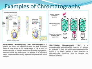 Examples of Chromatography
Ion Exchange Chromatography (Ion Chromatography) is a
process that allows the separation of ions and polar molecules
based on their affinity to the ion exchanger. It can be used for
almost any kind of charged molecules including large protein,
small nucleotide and amino acids. The solution to be injected is
called Sample and individually separated components are called
analytes.
Size-Exclusion Chromatography (SEC) is a
chromatographic method in which molecules in a solution
are separated by their size, and in some cases molecular
weight. It is usually applied to large molecules or
macromolecular complexes such as proteins and
industrial polymers.
 