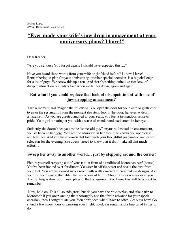 Josh s restaurant sales letter Josh s restaurant sales letter