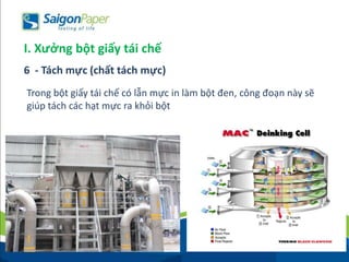 Trong bột giấy tái chế có lẫn mực in làm bột đen, công đoạn này sẽ
giúp tách các hạt mực ra khỏi bột
I. Xưởng bột giấy tái chế
6 - Tách mực (chất tách mực)
 