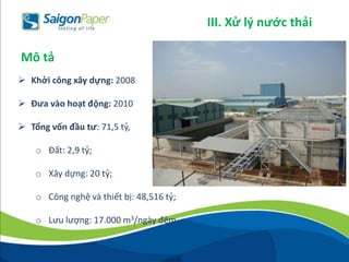  Khởi công xây dựng: 2008
 Đưa vào hoạt động: 2010
 Tổng vốn đầu tư: 71,5 tỷ,
o Đất: 2,9 tỷ;
o Xây dựng: 20 tỷ;
o Công nghệ và thiết bị: 48,516 tỷ;
o Lưu lượng: 17.000 m3/ngày đêm
Mô tả
III. Xử lý nước thải
 