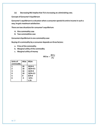 pg. 12
(v) Decreasing MU implies that TU is increasing at a diminishing rate.
Concept of Consumer’s Equilibrium
Consumer’s equilibrium is a situation when a consumer spends his entire income in such a
way, he gets maximum satisfaction.
There are two situations for consumer’s equilibrium:
A. One commodity case
B. Two commodities case
Consumers Equilibrium in one commodity case:
Buying of a commodity by a consumer depends on three factors:
a. Price of the commodity
b. Marginal utility of the commodity
c. Marginal utility of money
𝑴𝑼𝒎 =
𝑴𝑼𝒙
𝑷𝒙
Units of
commodity
MUx MUm
1
2
3
4
5
6
20
18
16
10
0
-5
20/4=5
18/4=4.5
16/4=4
10/4=2.5
0/4=0
-5/4=-
1.25
 