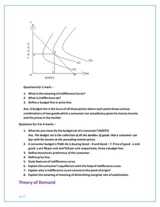 pg. 20
Questions for 1 mark –
1. What is the meaning of indifference Curve?
2. What is indifference set?
3. Define a budget line or price line.
Ans. A budget line is the locus of all those points where each point shows various
combinations of two goods which a consumer can actually buy given his money income
and the prices in the market.
Questions for 3 or 4 marks –
1. What do you mean by the budget set of a consumer? (NCERT)
Ans. The budget set is the collection of all the bundles of goods that a consumer can
buy with his income at the prevailing market prices.
2. A consumer budget is ₹160. He is buying Good – X and Good – Y. Price of good - x and
good- y are ₹8 per unit and ₹10 per unit respectively. Draw a budget line.
3. Define monotonic preference of the consumer.
4. Define price line.
5. State features of indifference curve.
6. Explain the consumer’s equilibrium with the help of indifference curve.
7. Explain why is indifference curve convex to the point of origin?
8. Explain the meaning of meaning of diminishing marginal rate of substitution.
Theory of Demand
 