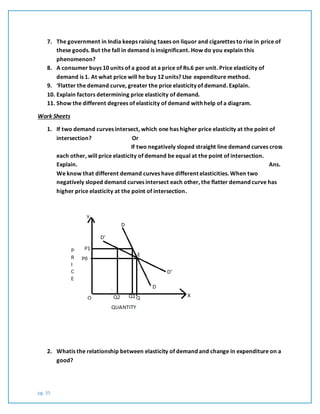 pg. 35
7. The government in India keeps raising taxes on liquor and cigarettes to rise in price of
these goods. But the fall in demand is insignificant. How do you explain this
phenomenon?
8. A consumer buys 10 units of a good at a price of Rs.6 per unit. Price elasticity of
demand is 1. At what price will he buy 12 units? Use expenditure method.
9. ‘Flatter the demand curve, greater the price elasticity of demand. Explain.
10. Explain factors determining price elasticity of demand.
11. Show the different degrees of elasticity of demand with help of a diagram.
Work Sheets
1. If two demand curves intersect, which one has higher price elasticity at the point of
intersection? Or
If two negatively sloped straight line demand curves cross
each other, will price elasticity of demand be equal at the point of intersection.
Explain. Ans.
We know that different demand curves have different elasticities. When two
negatively sloped demand curves intersect each other, the flatter demand curve has
higher price elasticity at the point of intersection.
2. Whatis the relationship between elasticity of demand and change in expenditure on a
good?
 